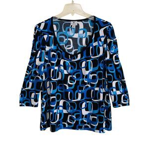 Worthington Blouse Women’s Size 1X Blue Retro Pattern 3/4 Sleeve V-Neck Stretch
